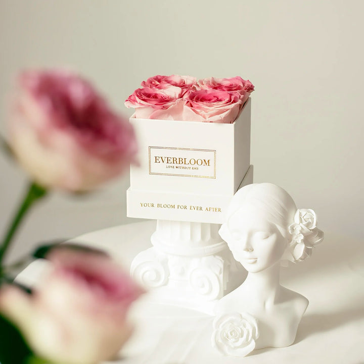Elegant preserved roses arranged in a refined white square box