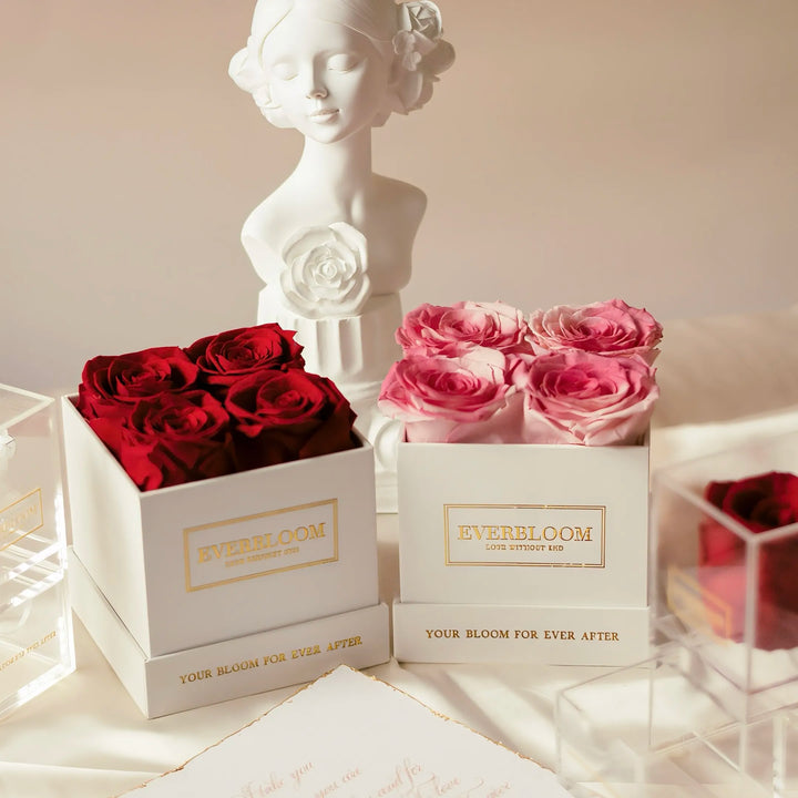 Luxury gift box with red and pink everlasting roses
