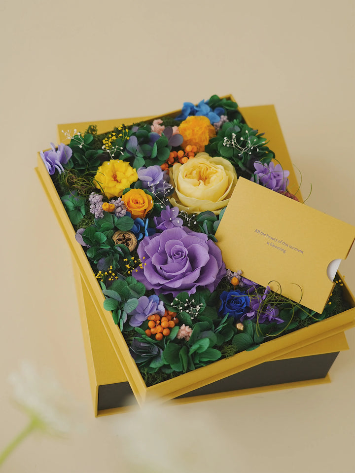 Everlasting Flora Book with preserved flowers in Monet’s Bloom Purple and Yellow with a gift card

