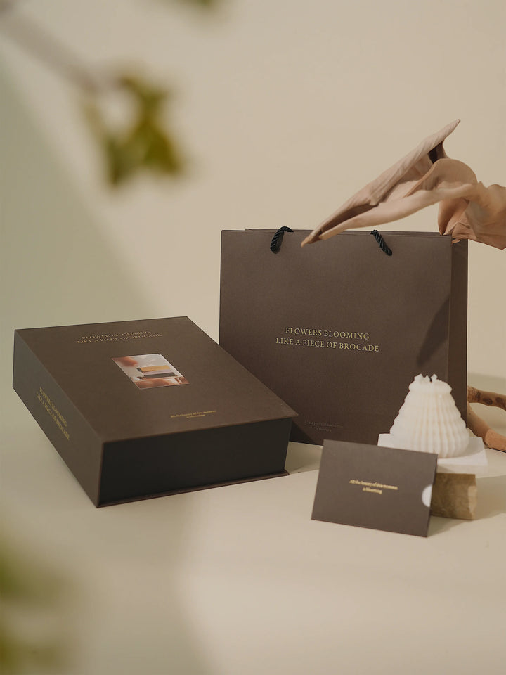 caramel-toned floral box package