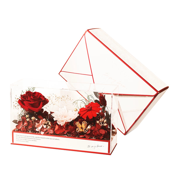 Red preserved flower box placed inside the red envelope-style packaging with embossed text