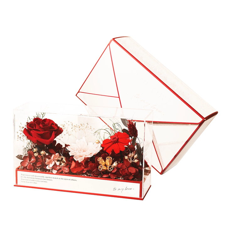 Red preserved flower box placed inside the red envelope-style packaging with embossed text