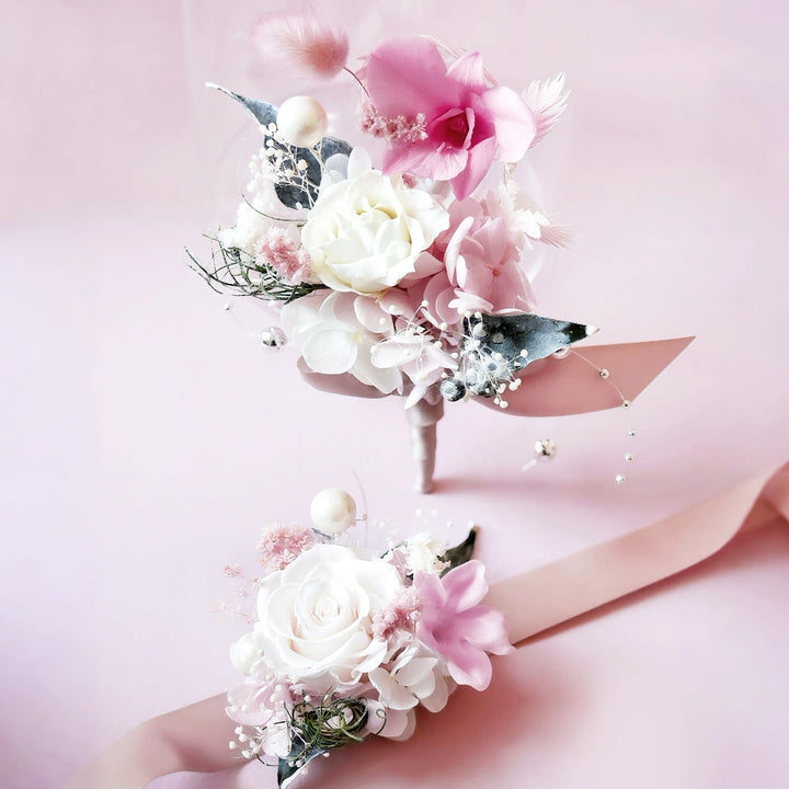 Reusable floral accessory set for weddings, anniversaries, or photoshoots with preserved roses and hydrangea