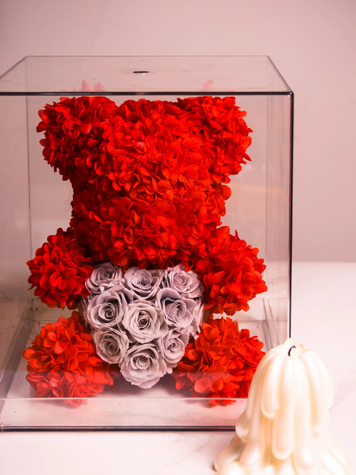 Everlasting red hydrangea teddy bear gift with grey rose heart