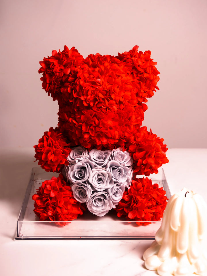 Elegant preserved flower bear displayed without lid