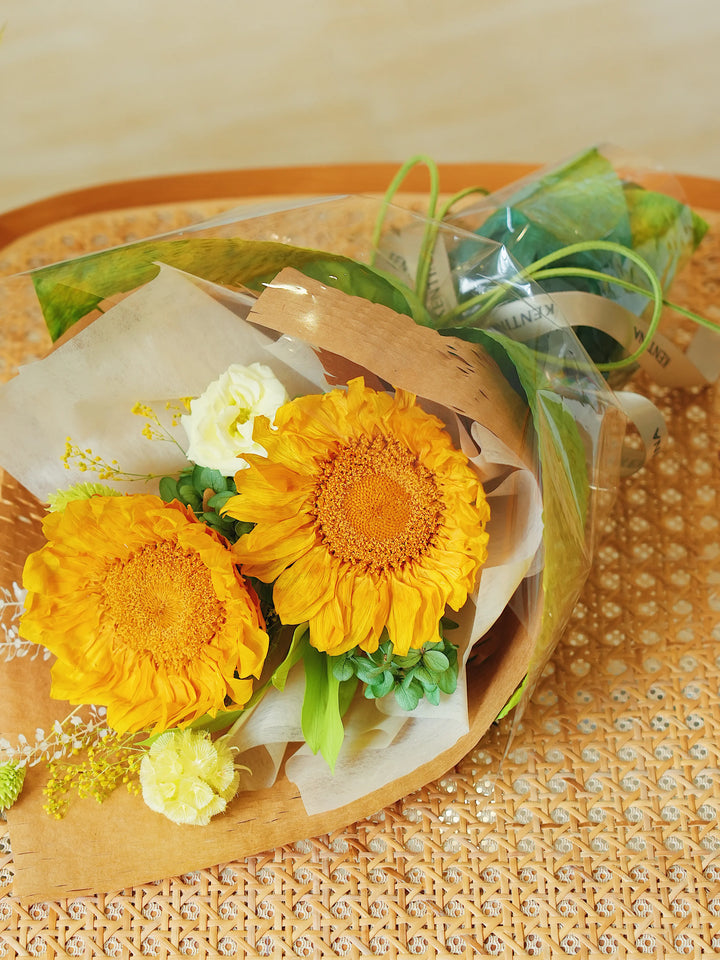 Yellow and green preserved sunflower bouquet inspired by Van Gogh, with mixed floral textures