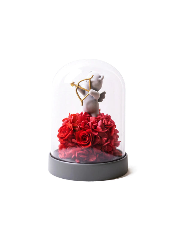 Romantic gift dome with everlasting flowers and Cupid bear