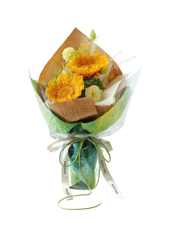 Preserved sunflower bouquet with yellow and cream blooms, wrapped in kraft and translucent paper