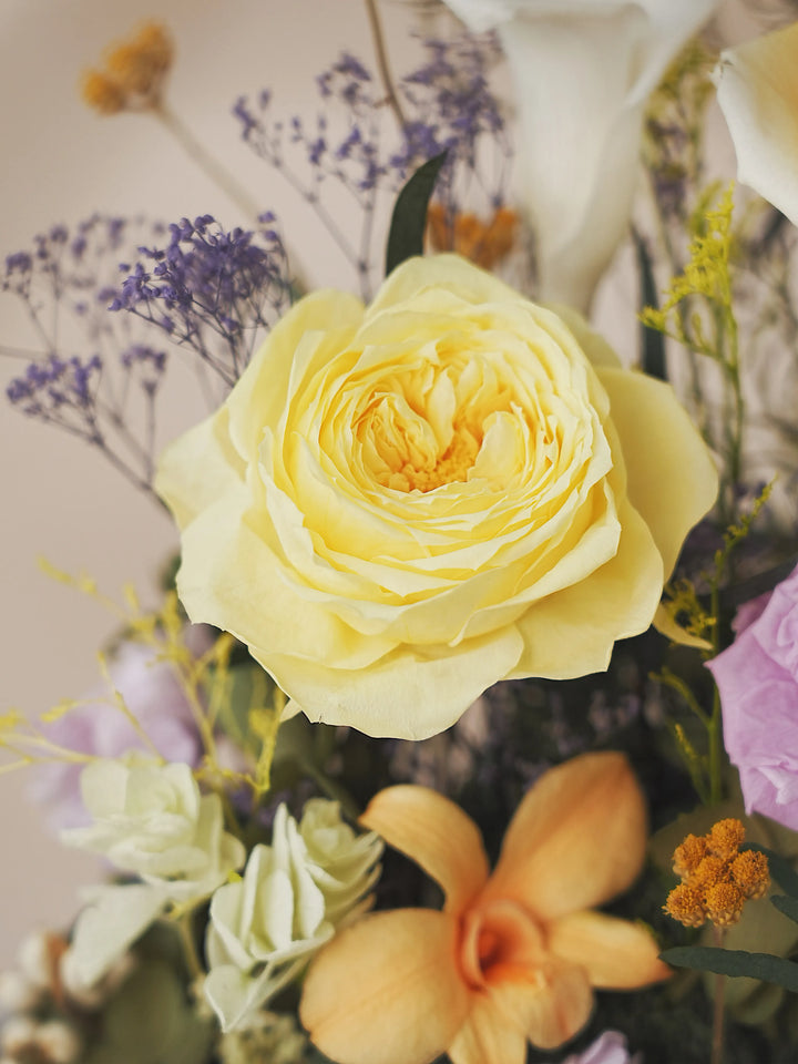 Close-up of preserved flowers in Roman Apricot White & Yellow