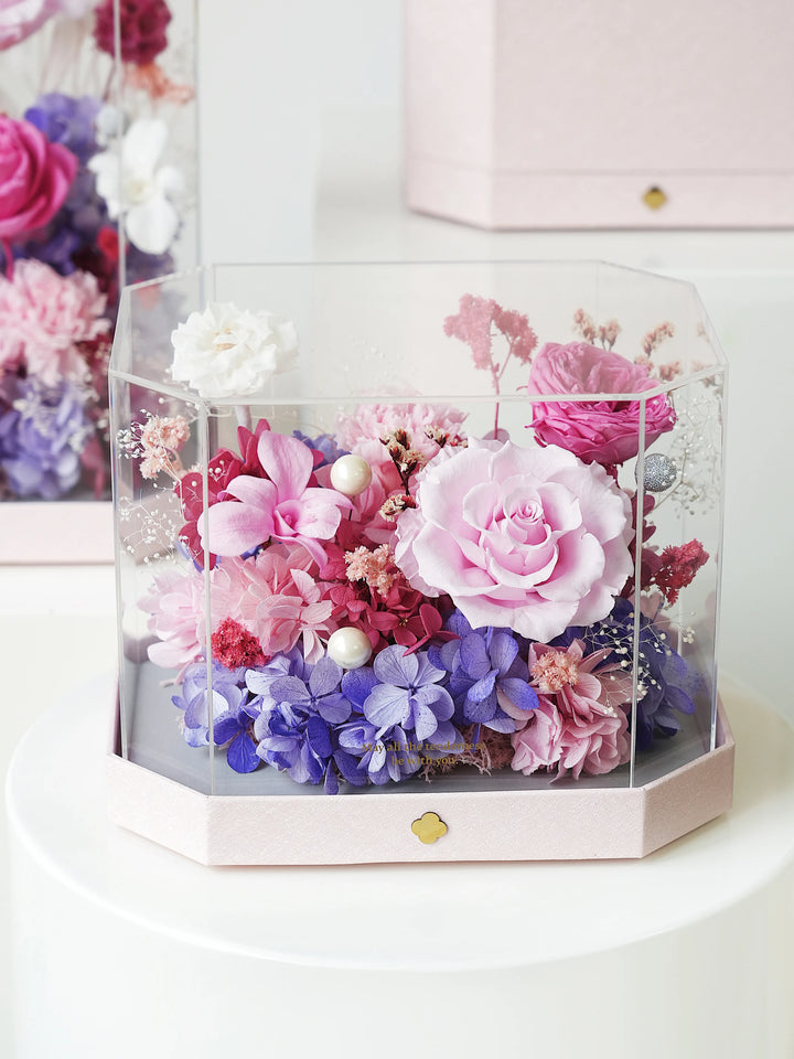 Octagon acrylic box with preserved flowers in lavender-rose-pink-and-purple