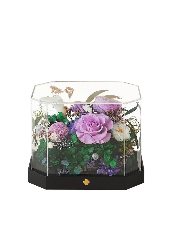 Preserved flower arrangement in Lilac Mist Purple & White with acrylic cover