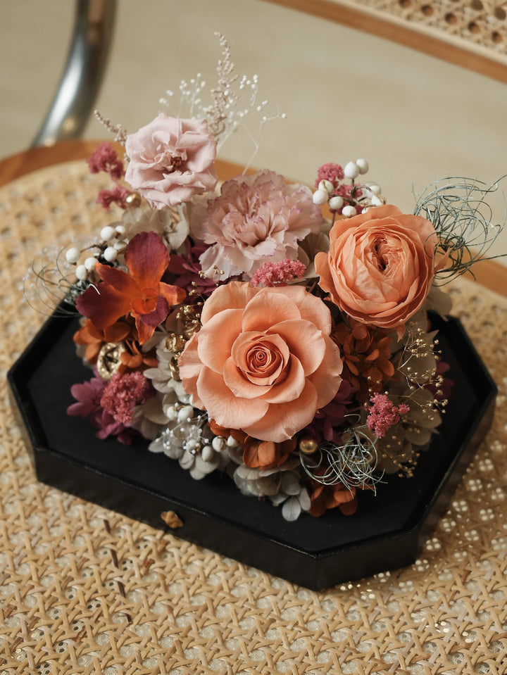 Preserved flower arrangement in Autumn Ember Taupe & Orange without acrylic cover