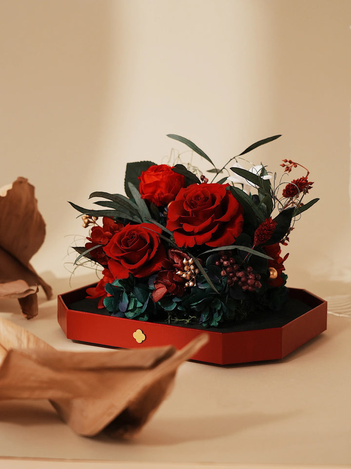 Preserved flower arrangement in Scarlet Embrace Red without acrylic cover