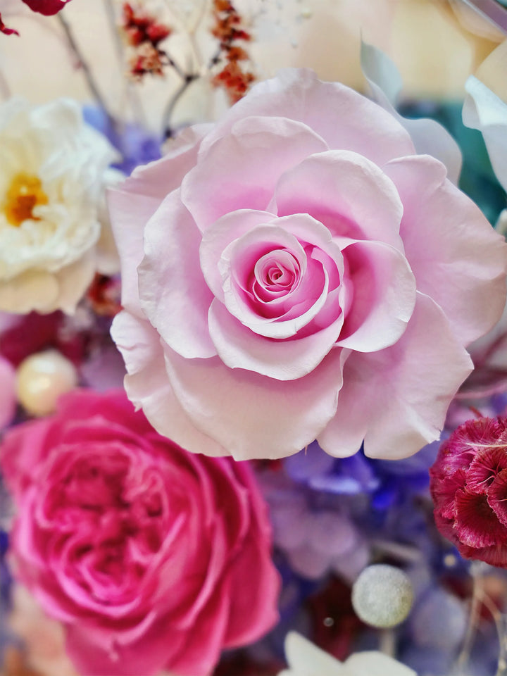 Close-up of preserved flowers in Lavender Rosé Pink & Purple