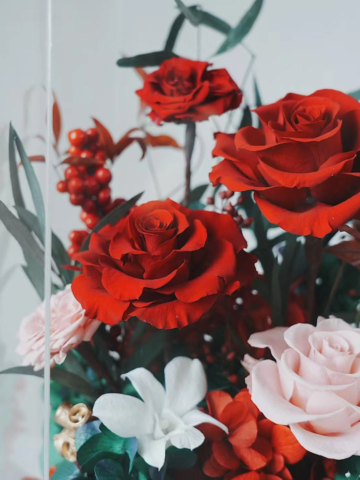 Close-up of preserved flowers in Scarlet Embrace Red, perfect as a romantic gift or home decor