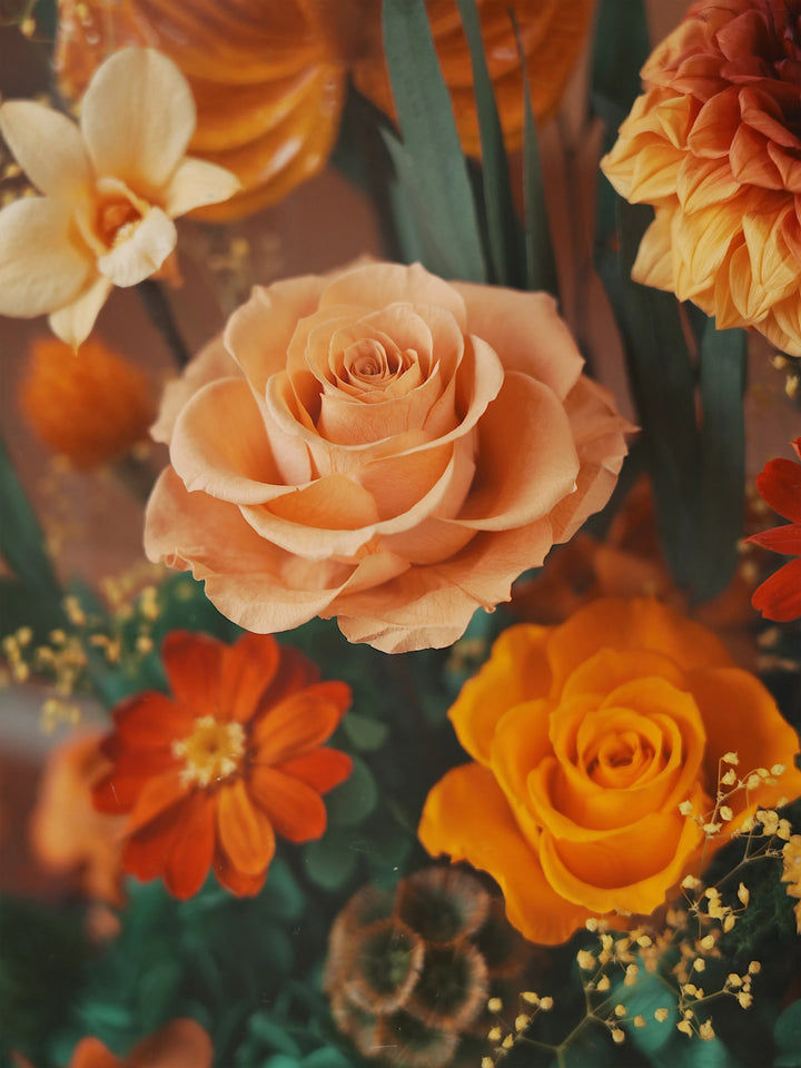Close-up of preserved flowers in Tangerine Flame Orange