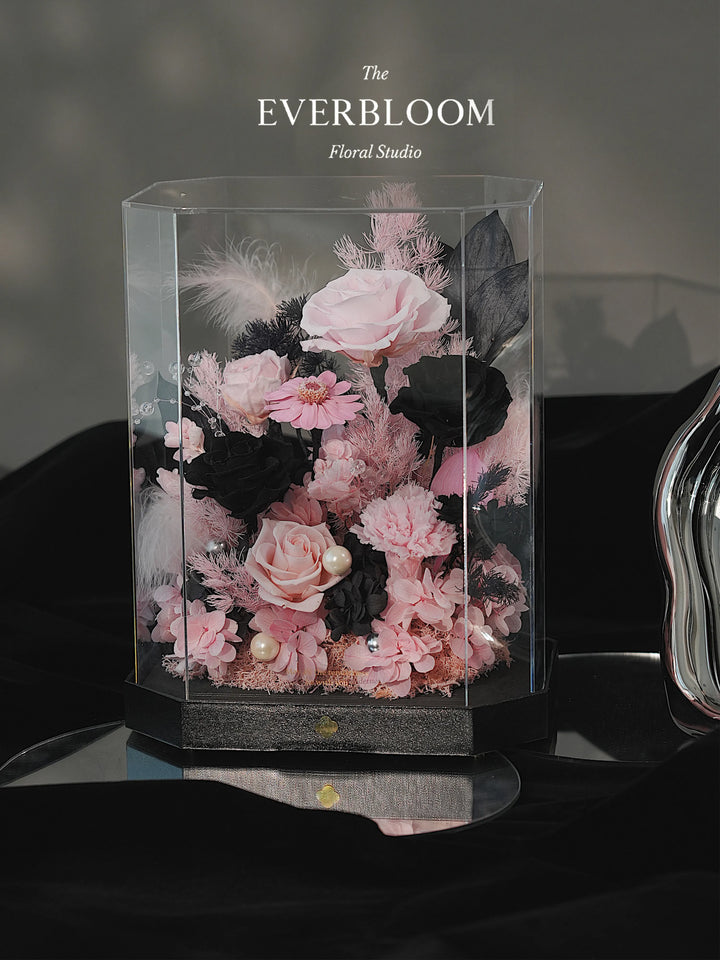 Octagon acrylic box with preserved flowers in Dusky Romance Pink & Black