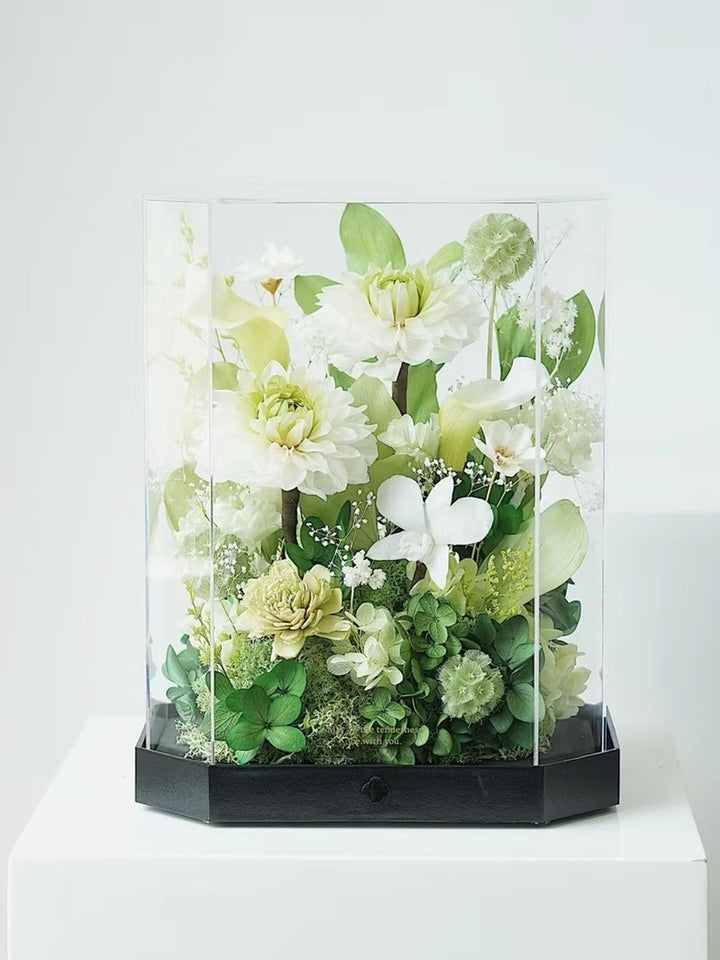 Tall octagon acrylic box with preserved flowers in Ever Grace Green and White