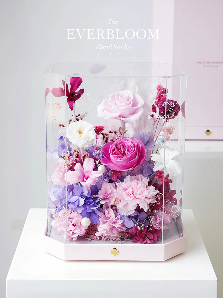 Octagon acrylic box with preserved flowers in Lavender Rosé Pink & Purple